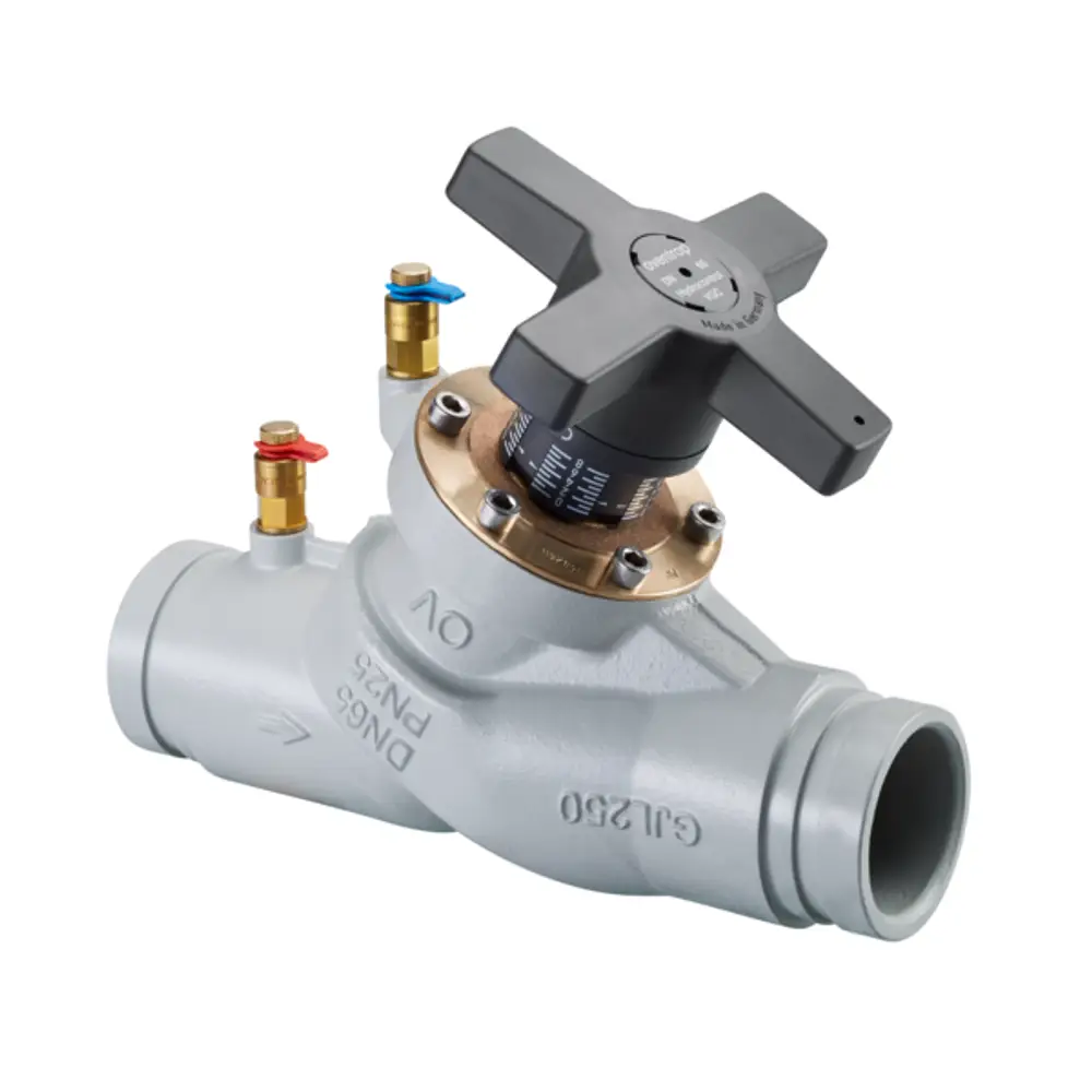Oventrop Strangregulierventil mit Rollnutanschluss, zwei Messventilen, graugussfarben, zur Regulierung des Durchflusses in Heizungsanlagen.